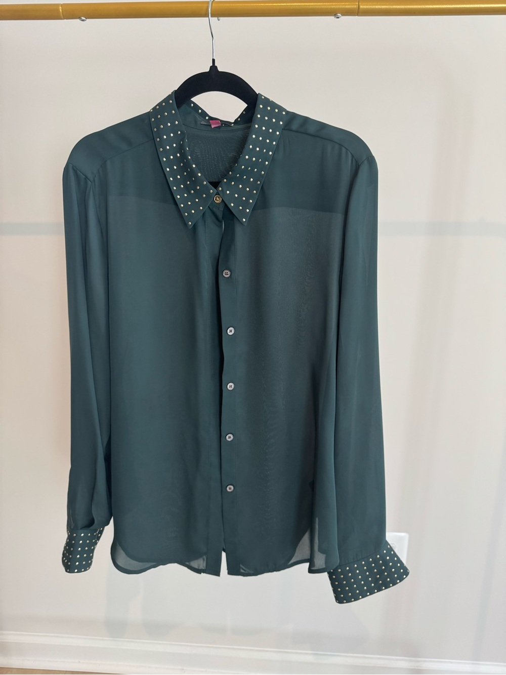Vince Camuto Women’s XL Green Studded-Collar Sheer Button Down Blouse